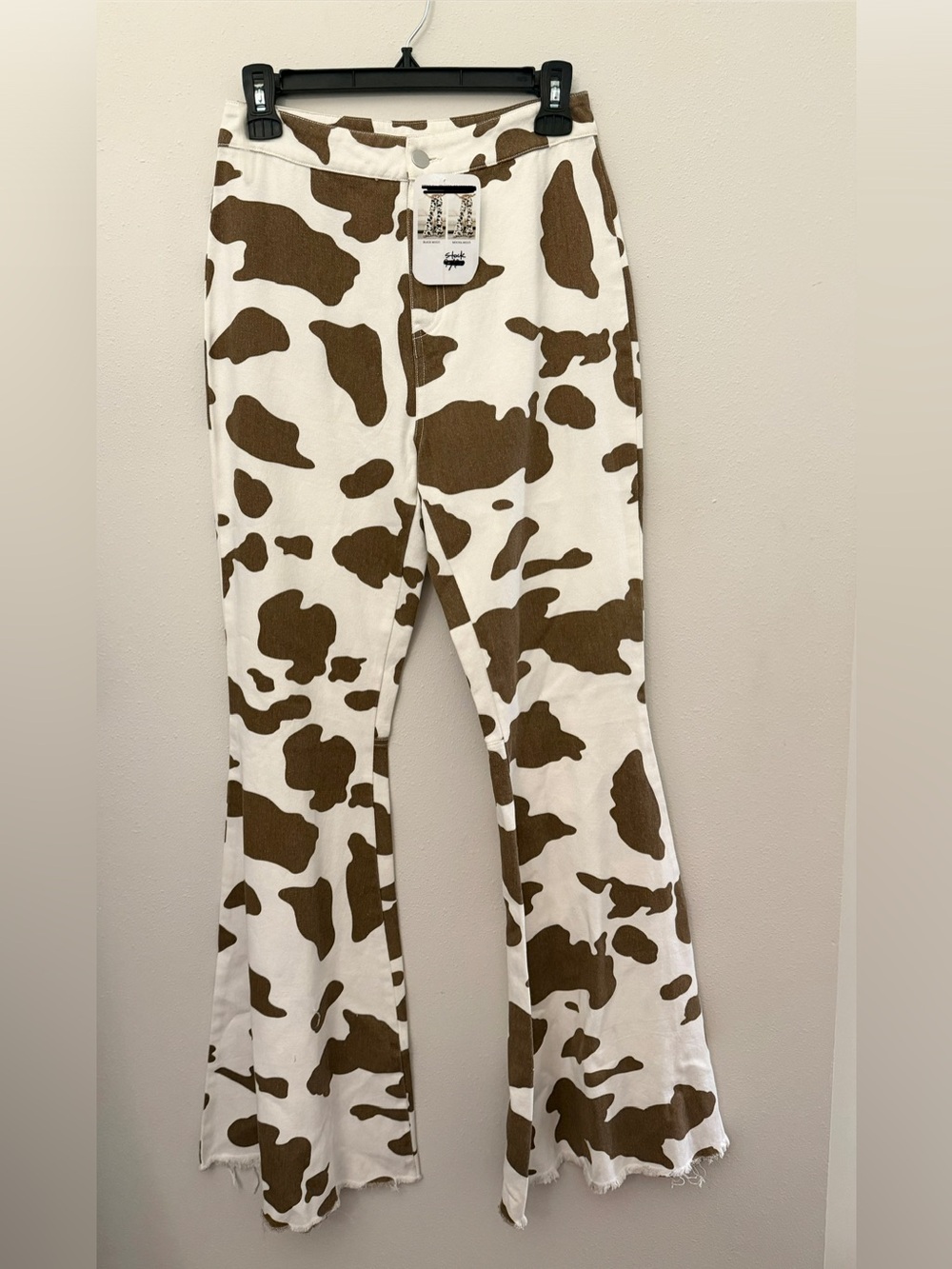 BiBi Cream and Brown Cow print flare leg pants Sz 5/27